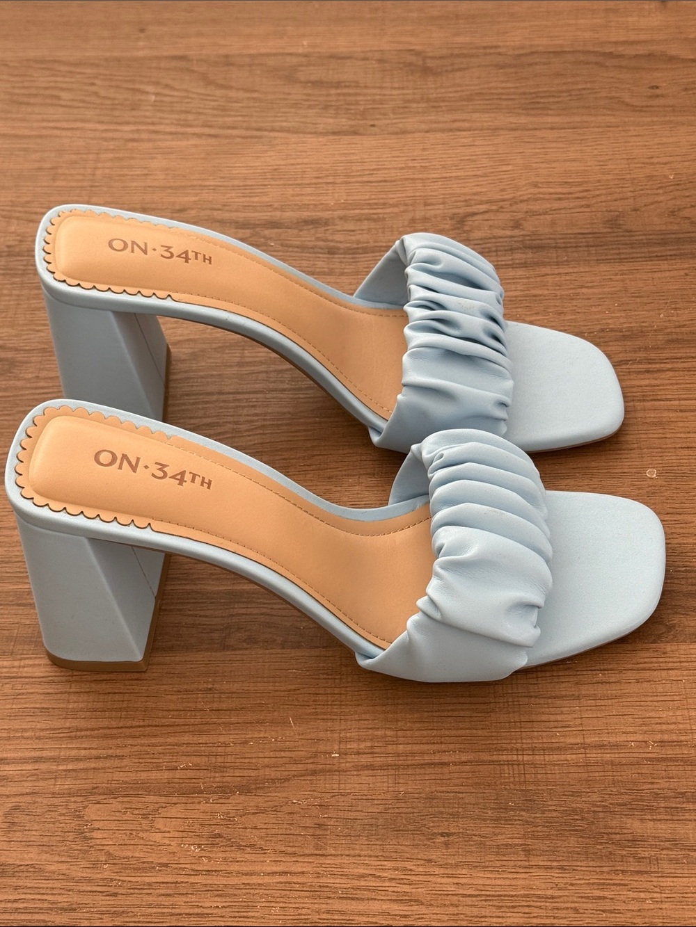ON·34TH Light Blue Ruched Block Heel Slide